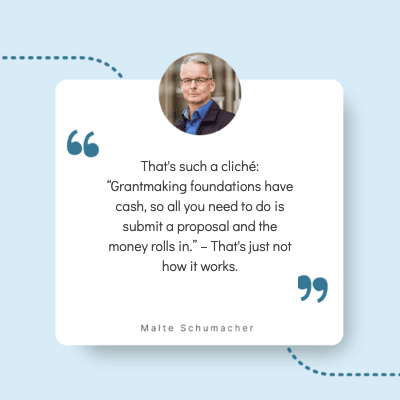 Quote from Malte Schumacher: "That's such a cliché: 'Grantmaking foundations have cash, so all you need to do is submit a proposal and the money rolls in.' – That's just not how it works."
