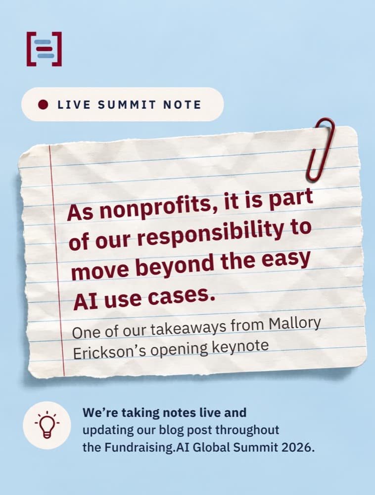 Live Summit note: “As nonprofits, it is part of our responsibility to move beyond the easy AI use cases.” One of our takeaways from Mallory Erickson’s opening keynote.